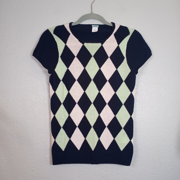 J Crew Cashmere Tennis Prep Argyle Mint Green Navy Pink Cap Sleeve Sweater Vest - Picture 1 of 7